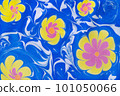 colorful abstract flowers on blue background with waves 101050066