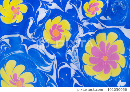 colorful abstract flowers on blue background with waves 101050066