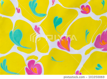 floral pattern with fantasy flowers and green leaves on yellow background floral pattern with fantasy flowers and green leaves on yellow background 101050069