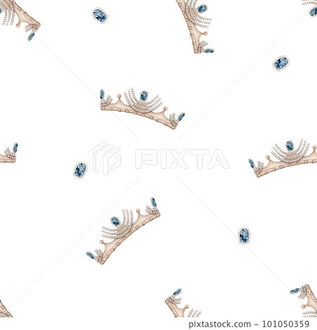 Seamless pattern watercolor with hand draw illustration royal gold crown with precious stones sapphire and emerald. Coranation, king, queen. Seamless pattern, an illustration for postcards, textile. 101050359