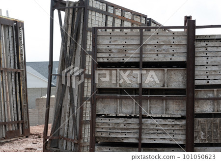 Stacked removable concrete forms for a basement at a residential home construction site 101050623