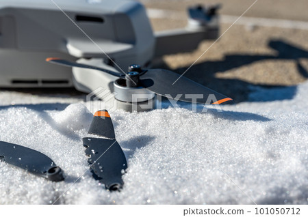 Damaged plastic drone rotor propeller blade caused by flying into an object and crashing. 101050712