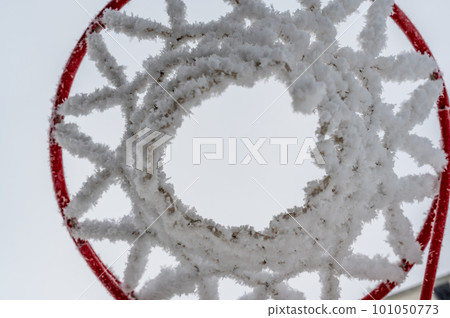 Early morning frost on the netting of a basketball hoop in the winter Early morning frost on the netting of a basketball hoop in the winter 101050773