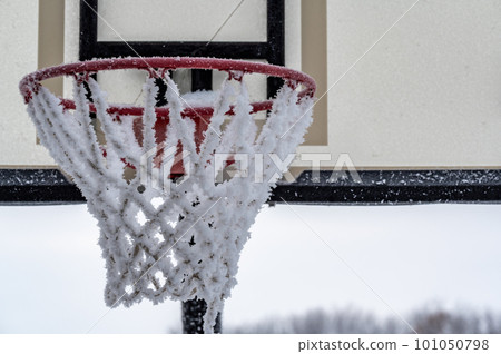 Early morning frost on the netting of a basketball hoop in the winter Early morning frost on the netting of a basketball hoop in the winter 101050798