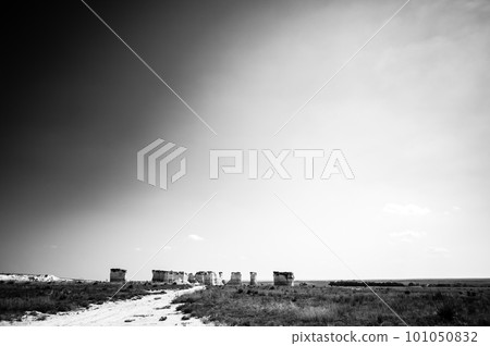 Monument Rocks in Grove County, Kansas. The chalk rock formation is a listed National Natural Landmark. Monument Rocks in Grove County, Kansas. The chalk rock formation is a listed National Natural Landmark. 101050832