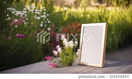 a blank photo frame placed on the wooden floor in the garden full of flowers, a grass and trees background for a mockup photo frame, A nature lifestyle slow life mood. 101050854
