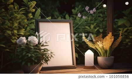 a blank photo frame placed on the floor in the garden of the house with a small pot of flowersand candle, a grass and trees background for a mockup photo frame, A nature lifestyle slow life mood. a blank photo frame placed on the floor in the garden of the house with a small pot of flowersand candle, a grass and trees background for a mockup photo frame, A nature lifestyle slow life mood. 101050856