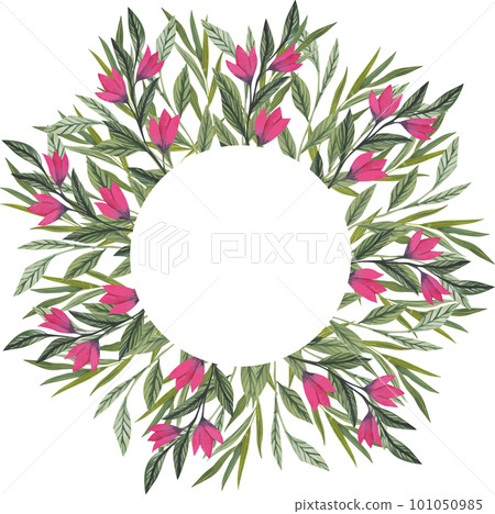 Round watercolor template with green leaves and flowers and circular place for text. 101050985