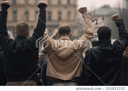 Back view of aggressive people protesting at city street. Protest activists. Crowd with raising fists. Angry people make revolution. Created with Generative AI 101051332