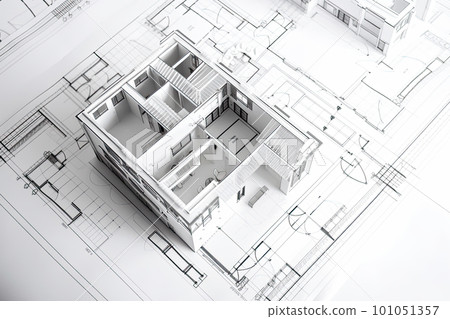 Architectural plan on white paper. Technical project of living room. Drawing for construction. Created with Generative AI 101051357