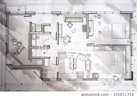 Architectural plan on white paper. Technical project of living room. Drawing for construction. Created with Generative AI 101051358