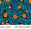Vintage floral seamless pattern with orange flowers and foliage on dark background. Vector illustration. 101051440