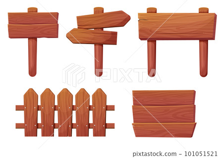 Set of wooden tablets, textured panels, signboards with pointer, fence with nails in cartoon style isolated on white background. Rustic board, plank with place. Ui game assets Set of wooden tablets, textured panels, signboards with pointer, fence with nails in cartoon style isolated on white background. Rustic board, plank with place. Ui game assets 101051521