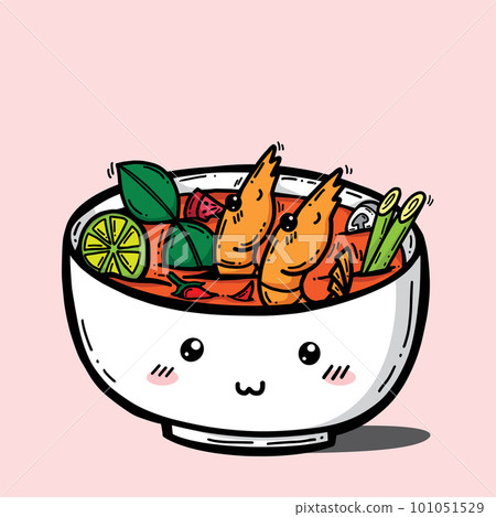 Tom Yum Goong or Tom Yum Kung (Thai Spicy Shrimp Soup), a world-famous Thai dish menu from street food . Regional Thai food cute cartoon vector illustration isolated on pink background Tom Yum Goong or Tom Yum Kung (Thai Spicy Shrimp Soup), a world-famous Thai dish menu from street food . Regional Thai food cute cartoon vector illustration isolated on pink background 101051529