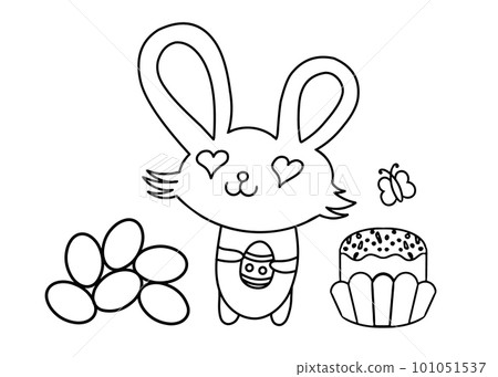 Happy Easter. Cute bunny and cake with eggs. Black and white vector illustration Happy Easter. Cute bunny and cake with eggs. Black and white vector illustration 101051537