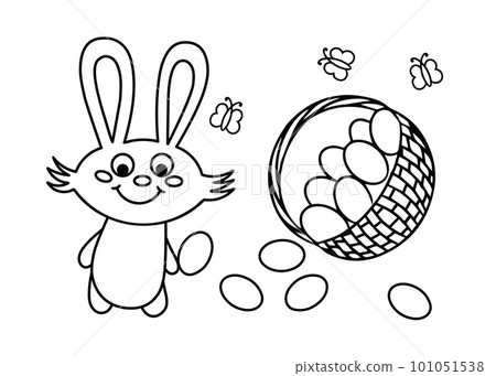 Happy Easter. Cute bunny and basket with eggs. Black and white vector illustration 101051538