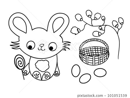 Happy Easter. Cute bunny and basket with eggs. Black and white vector illustration Happy Easter. Cute bunny and basket with eggs. Black and white vector illustration 101051539