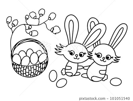 Happy Easter. Cute bunny and basket with eggs. Black and white vector illustration 101051540