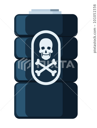 Toxic chemical barrel. Steel tank with dangerous waste. Container with skull and cross bones icon in flat style. Dangerous substance. Storage of components 101051556