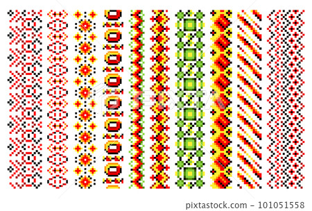 Ukrainian traditional embroidery. Set of patterns for cross stitching decoration. Cross-stitch traditional folk. Vector illustration of ethnic seamless ornamental geometric design 101051558