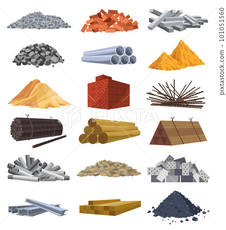 Building materials. Construction concept. Illustrations can be used for construction sites or illustrate renovation works. Bricks, planks, metal, sand and stone pipes vector set 101051560