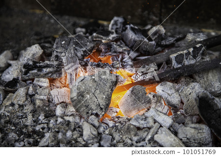 Burning charcoal in the fireplace 101051769