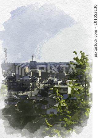 Matsuzaka in the style of a watercolor painting View of the northeastern city of Matsuzaka from the ruins of Matsuzaka Castle Matsuzaka City, Mie Prefecture Matsuzaka in the style of a watercolor painting View of the northeastern city of Matsuzaka from the ruins of Matsuzaka Castle Matsuzaka City, Mie Prefecture 101052130