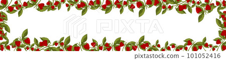 Spring horizontal border with raspberries and leaves. Summer vector banner isolated white background cartoon style. Spring horizontal border with raspberries and leaves. Summer vector banner isolated white background cartoon style. 101052416