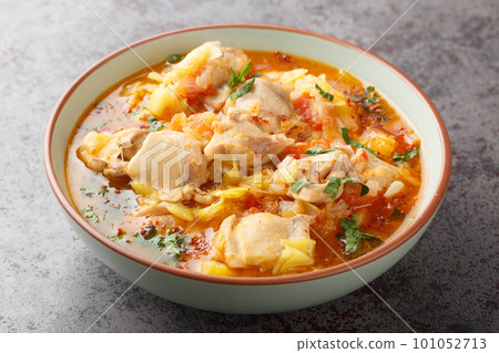 Spicy Asian chicken stew with vegetables such as leek, onion, ginger, tomatoes, garlic and chili close-up in a bowl. Horizontal 101052713