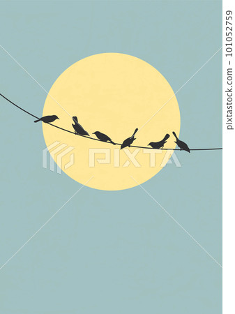 Birds on wires aesthetic illustration poster. Sun in the blue sky aesthetic illustration poster. Silhouettes of the birds sitting on a wire. 101052759