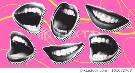 Woman lips as retro halftone collage elements for mixed media design. Mouth in halftone texture, dotted pop art style. Vector illustration of vintage grunge punk crazy art templates. 101052767