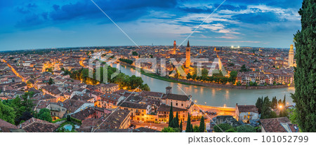 Verona Italy, high angle view panorama night city skyline at Adige river 101052799