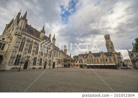 Bruges Belgium, city skyline at Burg Square with Bruges City Hall and Basilica of the Holy Blood 101052804