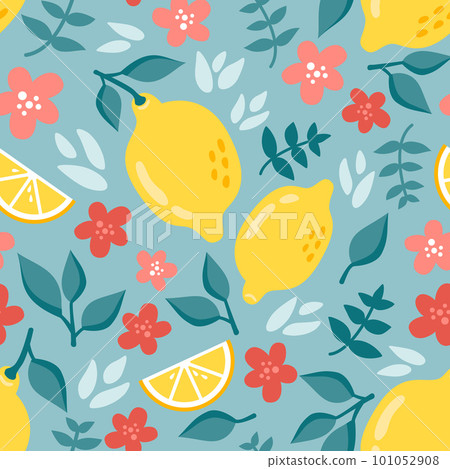 Summer seamless pattern with lemon, lemon slice, pink flowers in flat style, turquoise background. Vector illustration 101052908