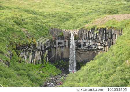 Scenic view of the Svartifoss waterfall flowing between green cliffs in Iceland Scenic view of the Svartifoss waterfall flowing between green cliffs in Iceland 101053205