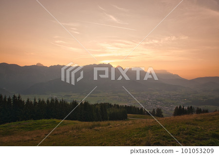Beautiful landscape of the Leogang Mountains in Salzburg, Austria, at sunrise 101053209
