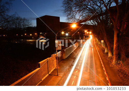 High angle of neon traffic lights on the street shot in long exposure in Essen, Germany 101053233