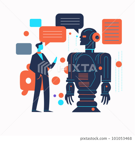 Man communicating with robot. man communicating with artificial intelligence vector illustration 101053468