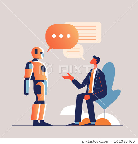 Man communicating with robot. man communicating with artificial intelligence vector illustration 101053469