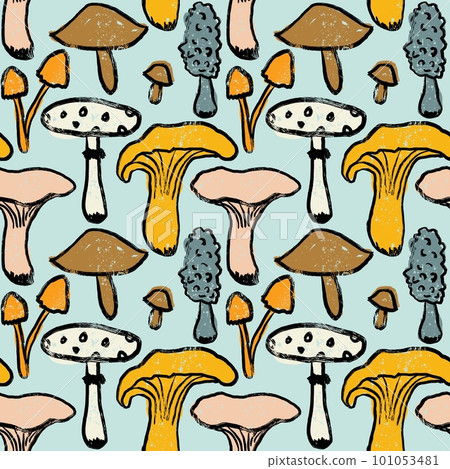Hand drawn seamless pattern with beige yellow blue forest wood mushrooms. Woodland minimalist toadstool wild fungus fungi, nature poisonous plant organic season. Black ink outline modern design. 101053481