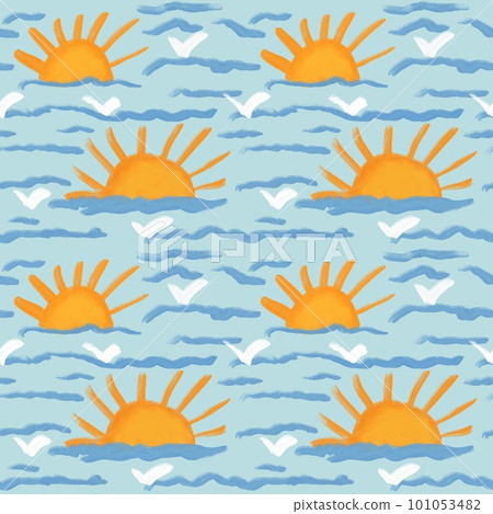 Hand drawn seamless pattern with sun in ocean sea waves and navy blue fish. Turquoise background coastal nautical marine design, sunset relax summer holiday art, colorful minimalist style. 101053482
