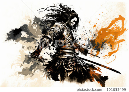 Sumi-e samurai equipped with a sword 101053499