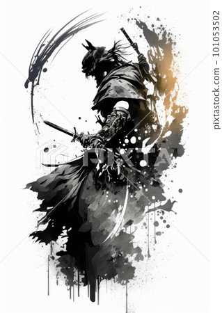 Sumi-e samurai wielding a sword 101053502