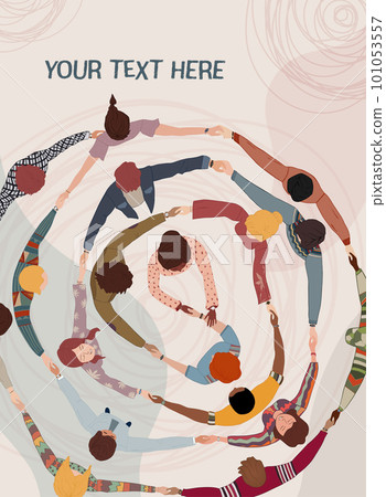 Multicultural volunteer people in circle holding hands. Support and assistance. NGO. Aid. Solidarity charity and donation. Give and help. Poster banner template. No profit.People diversity 101053557