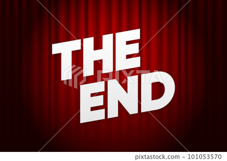 The End title on red background. The End of Cinema or Show. Text on red curtains. Retro concept. Vector illustration. 101053570