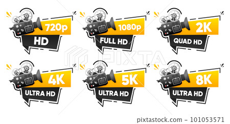 8K, 5K, 4K UHD, Quad HD, Full HD and HD resolution nameplates of gold gradient color. Cinema Camera. TV symbols and icons. Vector illustration. 101053571