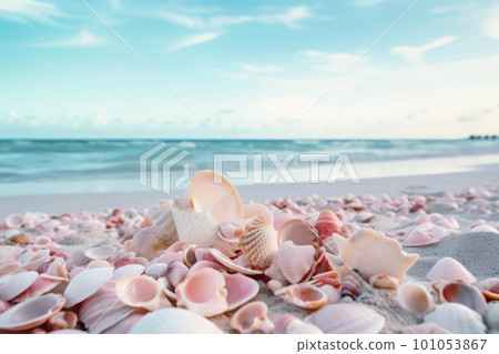 Beautiful shells and refreshing sky on the white sandy beach Beautiful shells and refreshing sky on the white sandy beach 101053867