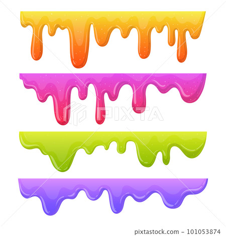 Cartoon slime borders. Dripping liquid mucus spots, sticky slime splashes. Goo sticky slime flat vector illustration set. Jelly dripping dividers Cartoon slime borders. Dripping liquid mucus spots, sticky slime splashes. Goo sticky slime flat vector illustration set. Jelly dripping dividers 101053874