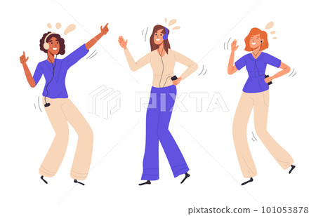 Flat female dancers. Women moving to music, people dancing and enjoying music party flat vector illustration set 101053878