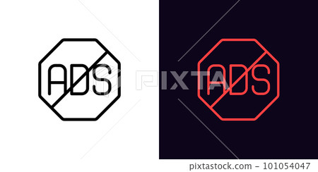 Outline no Ads icon, with editable stroke. Ad ban sign, prohibited advertising pictogram. Ads skip and block, social media content without advertising, anti adware, stop Ad. 101054047